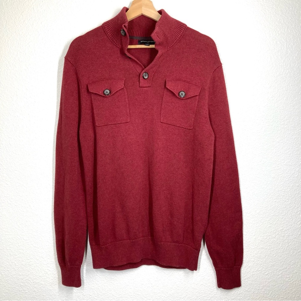 Banana Republic Henley Sweater Mens Medium Dark Red Cotton Pull Over Old Money